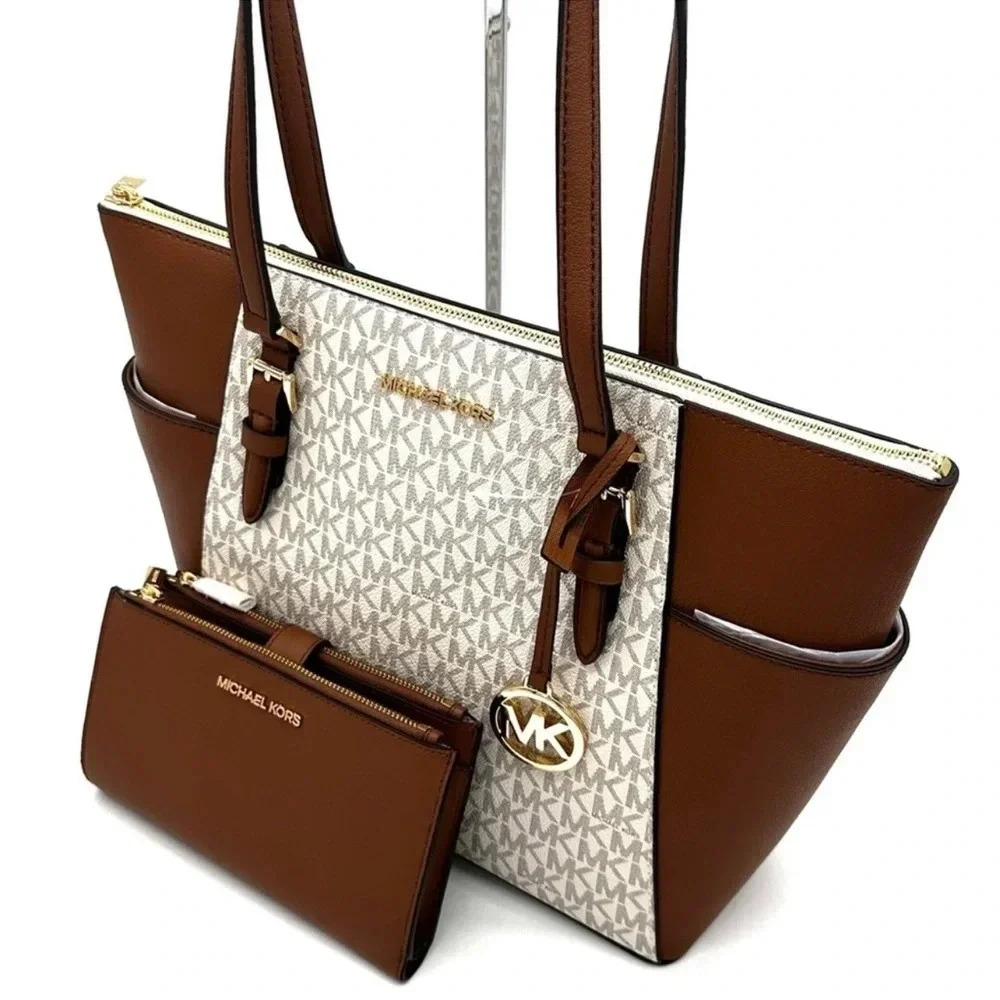 Michael Kors Large Charlotte Tote Bag & Large Double Zip Wallet Vanilla/Brown - Picture 11 of 14